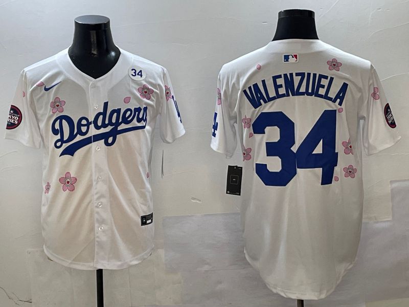 Men Los Angeles Dodgers #34 Valenzuela White Sakura Edition 2025 Nike MLB Jersey style 8